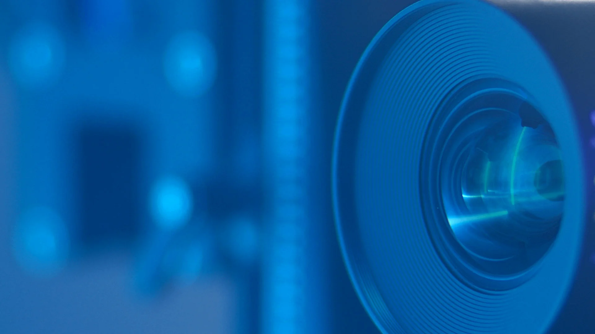 Cinema camera lens in blue light